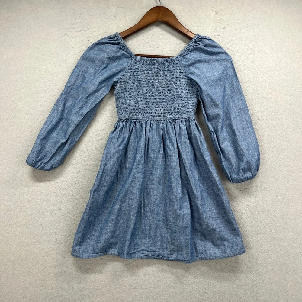 Crewcuts Chambray Dress Girls 8 Blue Smocked Long Sleeve School Preppy Cottage